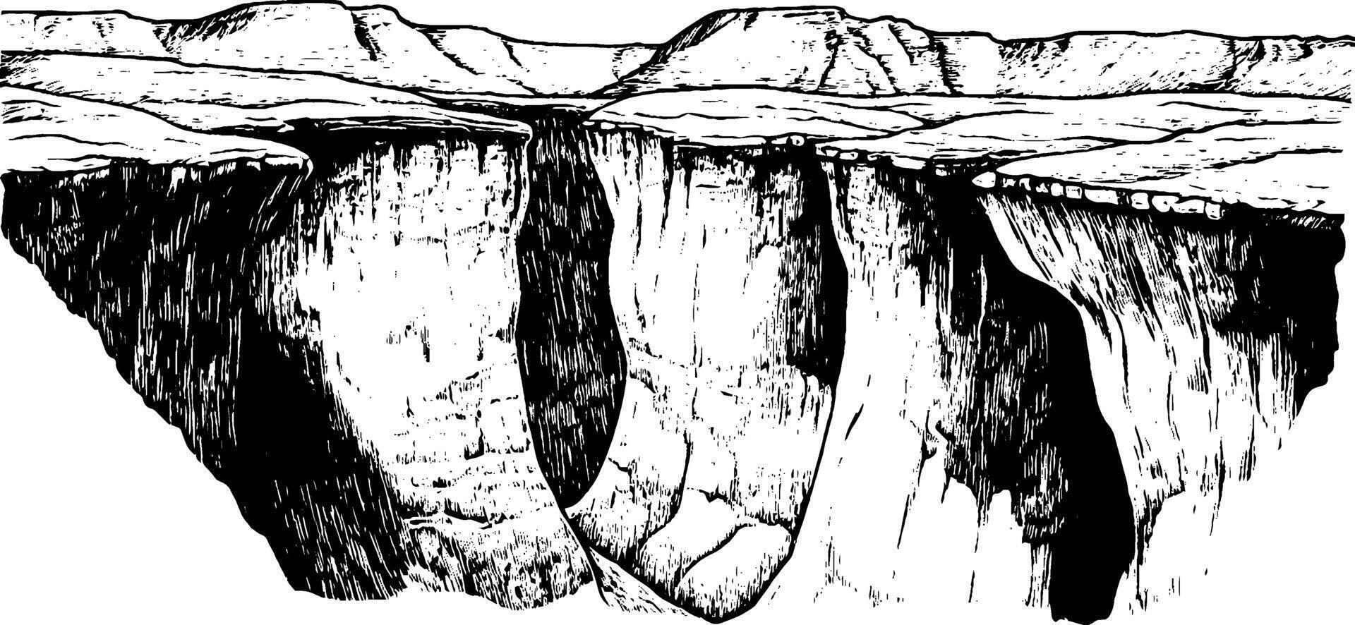 A detailed black and white illustration of a canyon landscape, showcasing steep cliffs and rugged terrain. The scene captures the natural beauty and geological formations of a canyon, with intricate line work. vector