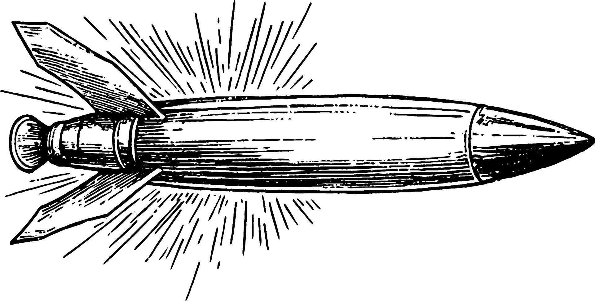 An illustration of a rocket or missile, featuring a pointed nose, fins, and trailing flames, depicted in a vintage style with radiating lines to suggest motion or energy. vector