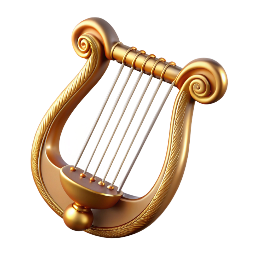 serene distinctive Hyper-specific, isolated cutout Photorealistic render Single Apollo's Lyre, golden strings, intricate carvings with Transparent Background png