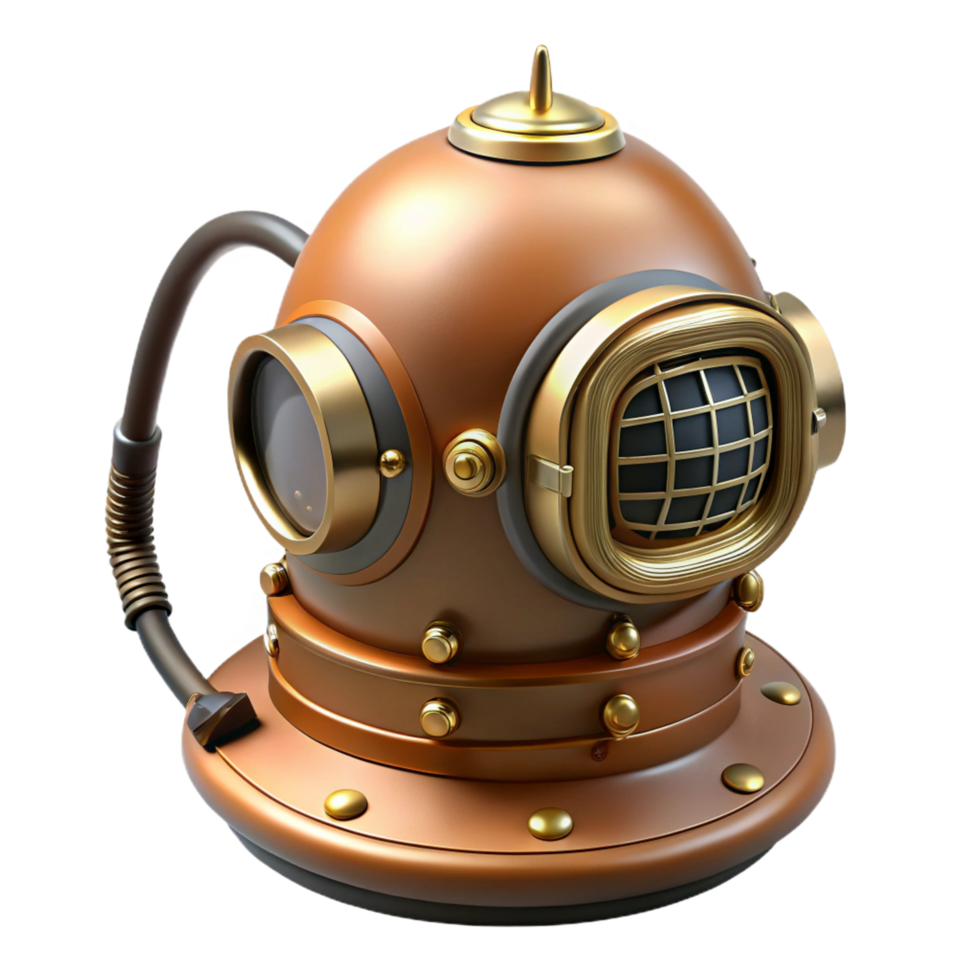 enchanting inspired Photorealistic, isolated cutout of a hyper-specific design of a vintage diving helmet with integrated radio antenna and illuminated gauges with Transparent Background png