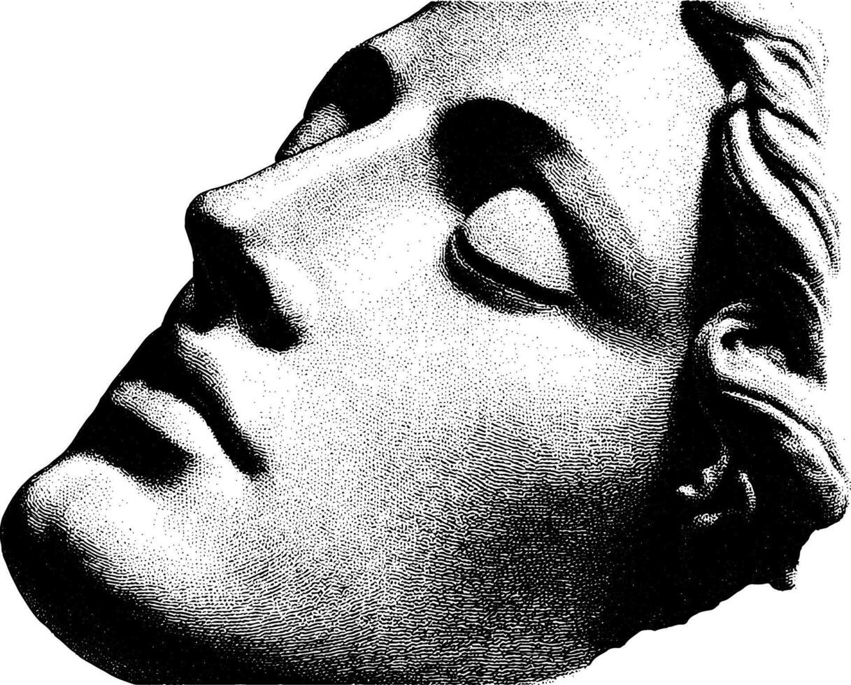 Classical greek statue face in black and white etching style. vector