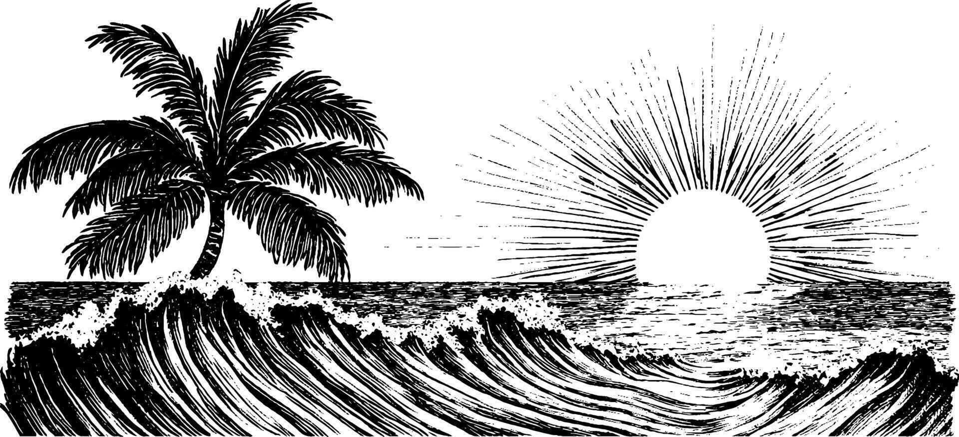 A stylized black and white illustration featuring a palm tree on the left, waves crashing in the center, and a rising sun with rays extending outward on the right. vector