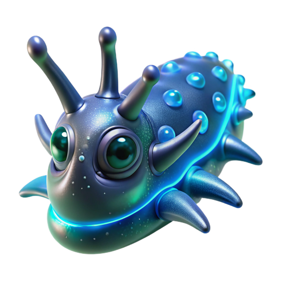 inspired impressionist Concept art style, isolated cutout of a bioluminescent, crystalline space slug, exhibiting intricate bio-mechanical details with Transparent Background artisan png