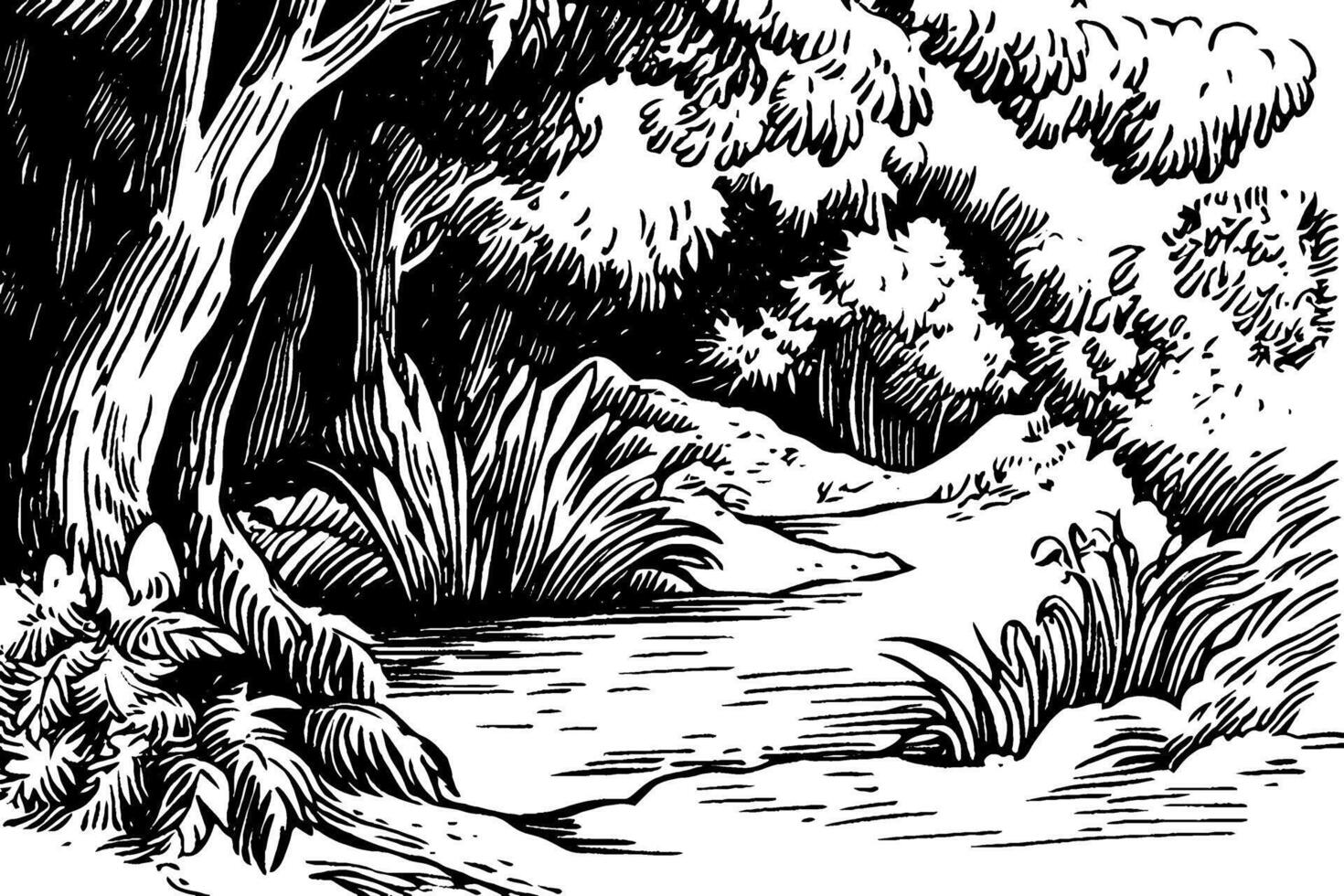 A detailed black and white illustration of a serene forest scene, featuring trees, bushes, and a winding path leading through the foliage. vector