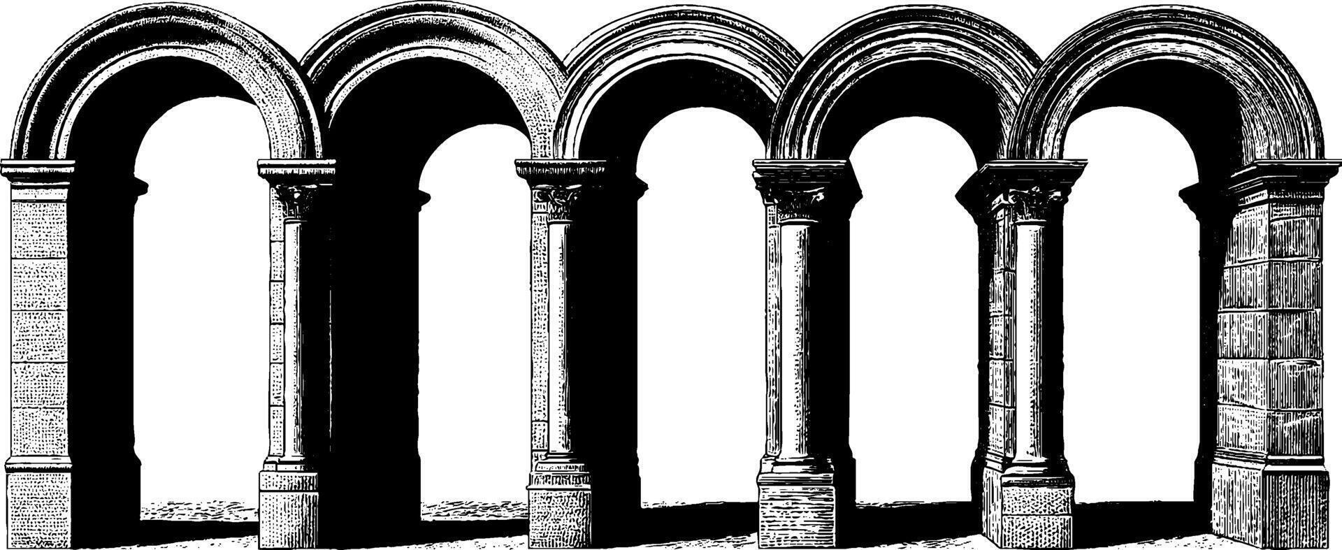 Black and bold engraved arches illustration for historical design and architectural projects. vector