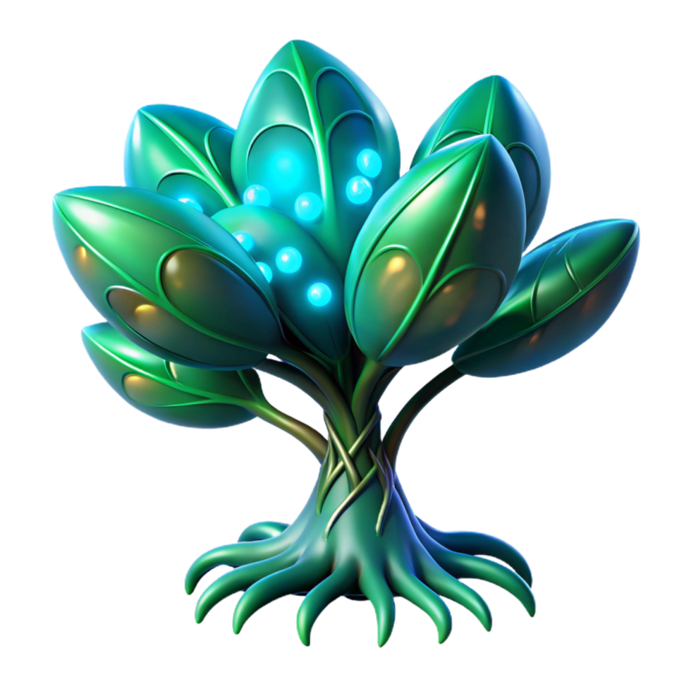 elegant calm surreal Isolated cutout, concept art style, ultra-detailed render of a single, alien plant, bioluminescent leaves, intricate root system with Transparent Background top-tier png