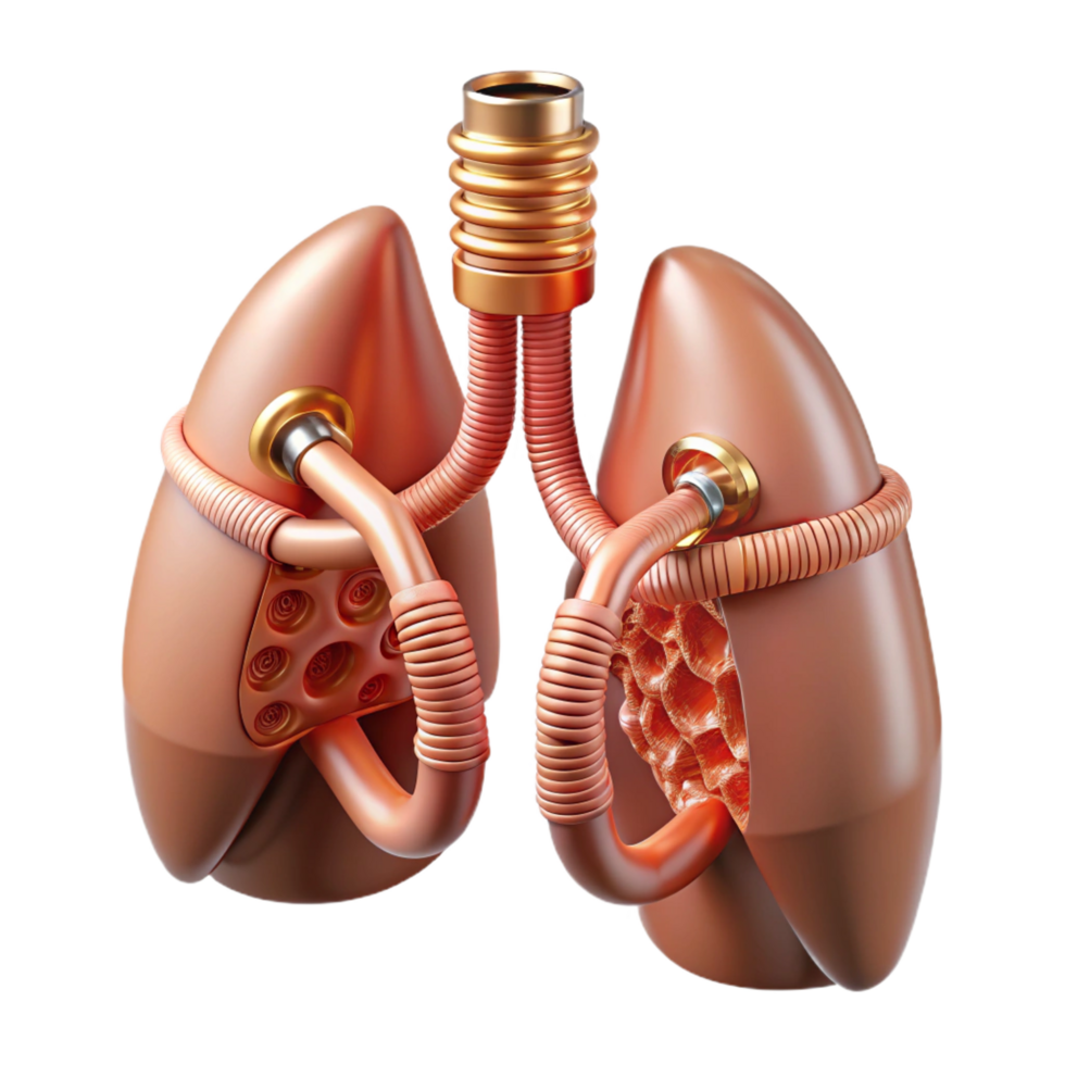stunning melancholic retro Concept art style biomechanical lung, intricate network of tubes and filters, pulsating bellows, copper and glass, isolated cutout with Transparent Background impeccable png