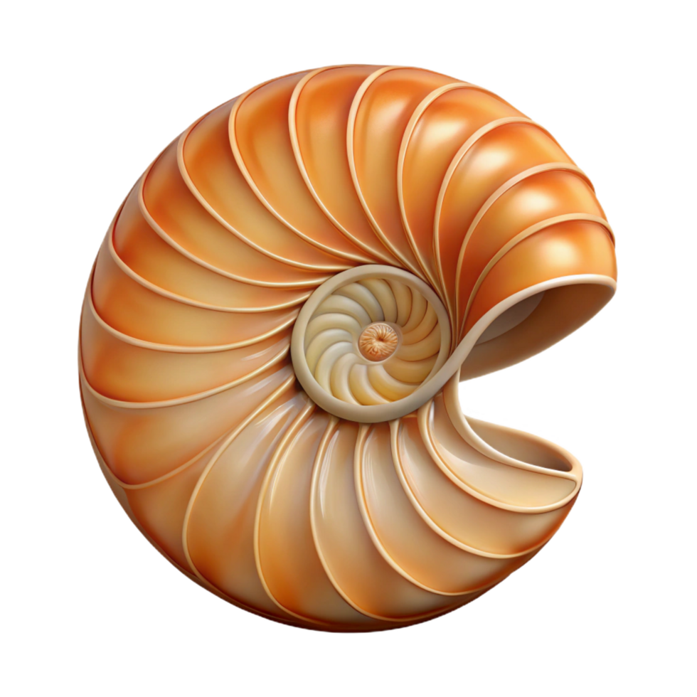 distinguished surreal Ultra-detailed, isolated cutout of a single, perfect spiral nautilus shell with its chambers visible with Transparent Background studio quality png