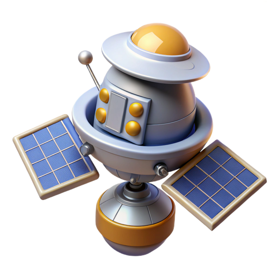 splendid retro Hyper-specific, professional render, isolated cutout of a single, stylized, robotic space probe with extended solar panels with Transparent Background handcrafted png
