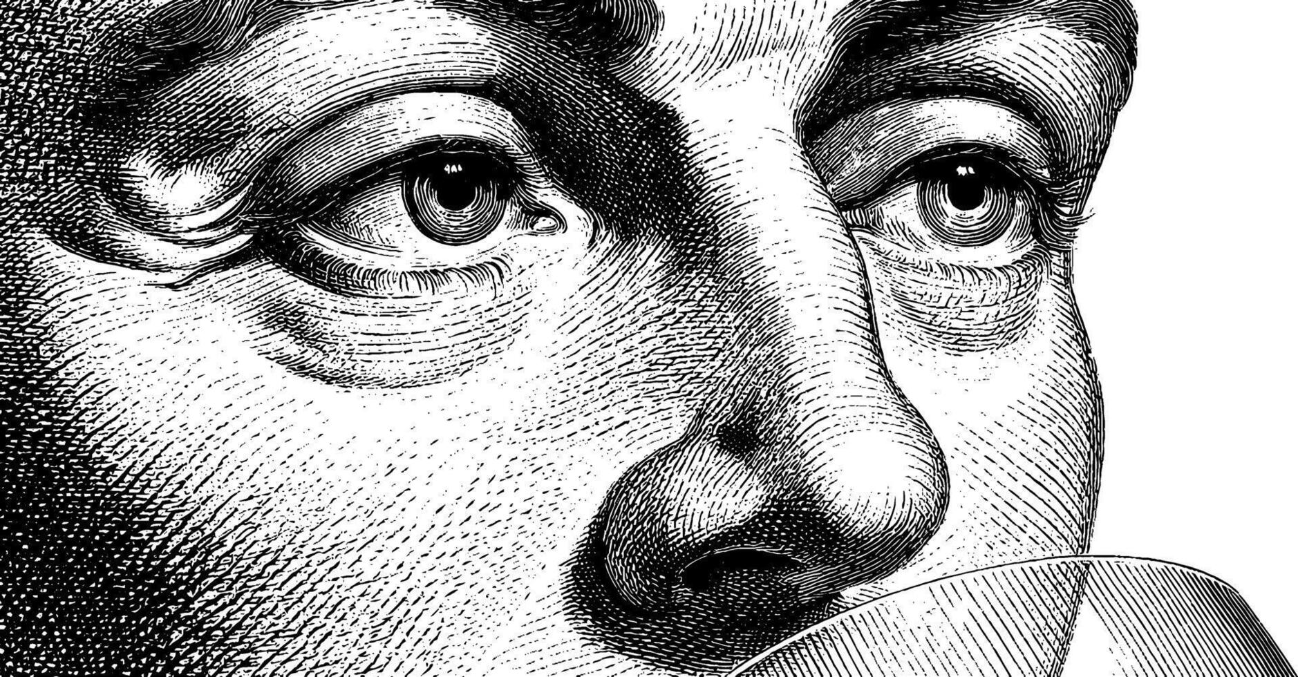 Detailed black and white engraving of a male face with focus on eyes and nose. vector
