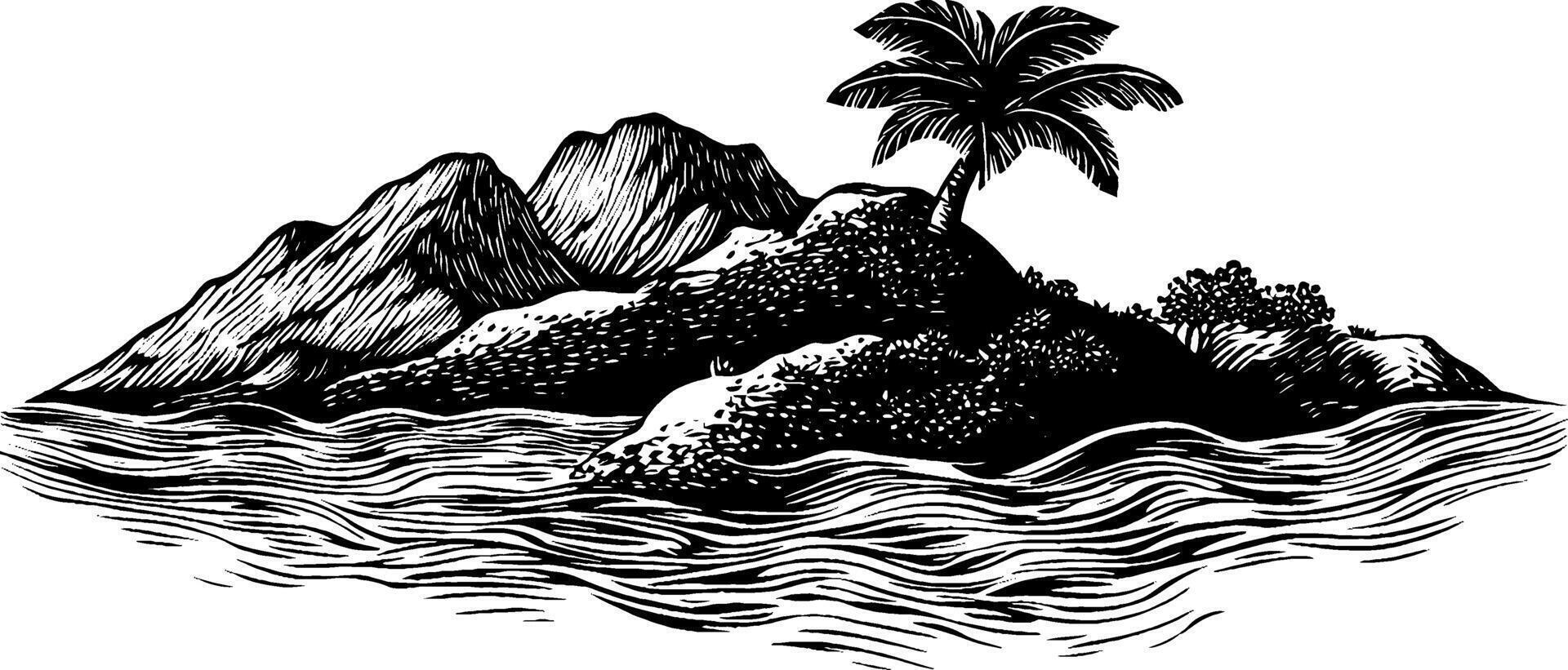 A black and white illustration of a tropical island featuring mountains, a palm tree, and waves surrounding the shore. vector