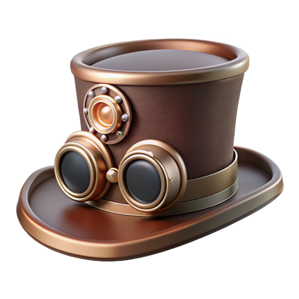 rare artistic Steampunk top hat with brass goggles and cogwheel embellishments with Transparent Background expertly shot png