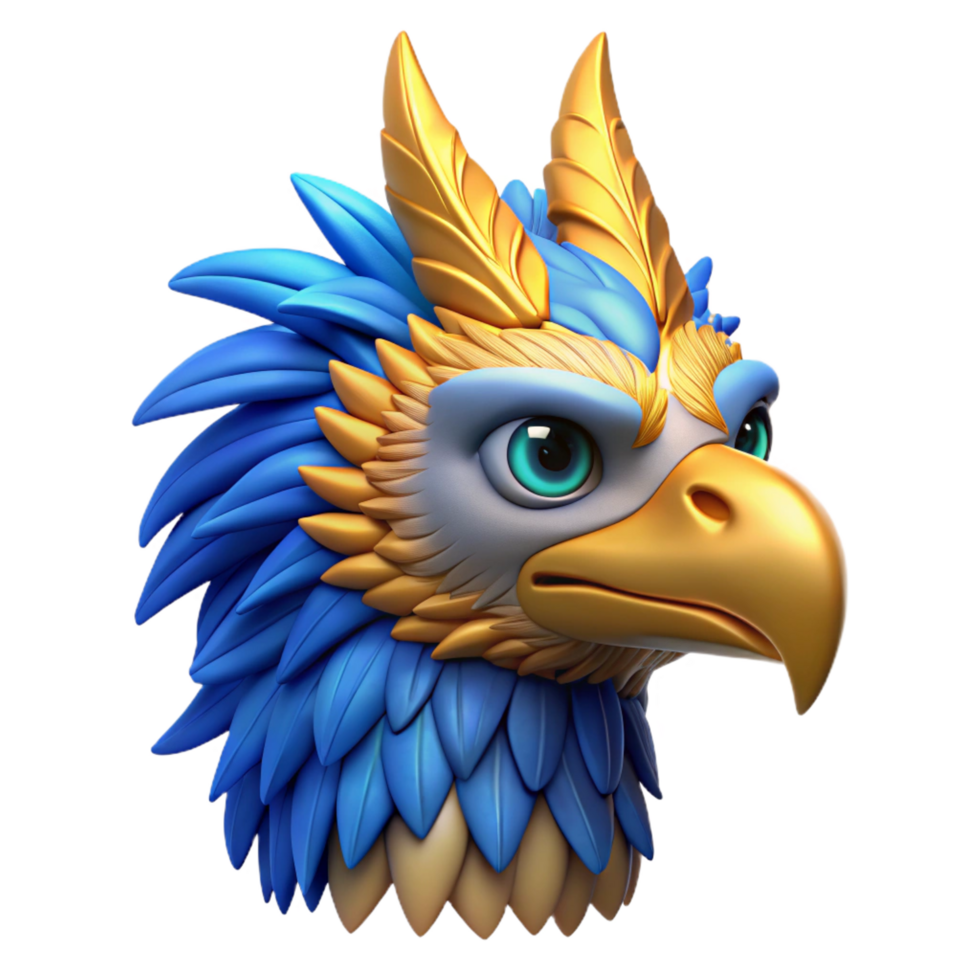 standout modern Concept art style isolated cutout of a majestic griffin head with golden feathers and piercing blue eyes with Transparent Background handcrafted png