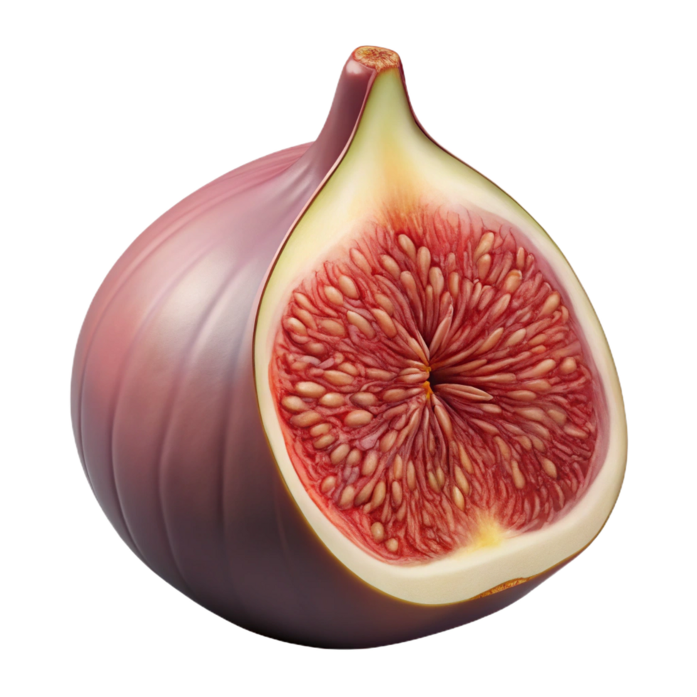 magnificent unforgettable Photorealistic, ultra-detailed, isolated cutout of a single, ripe fig, sliced open to reveal the inside with Transparent Background png