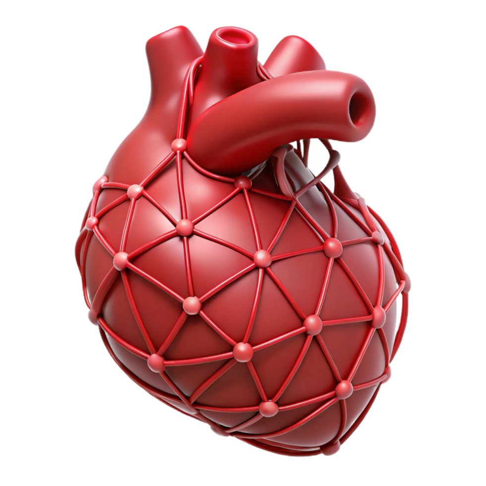 hypnotic bold surreal Ultra-detailed, isolated cutout of a single, stylized, human heart made of interconnected wires, professional render with Transparent Background professional png