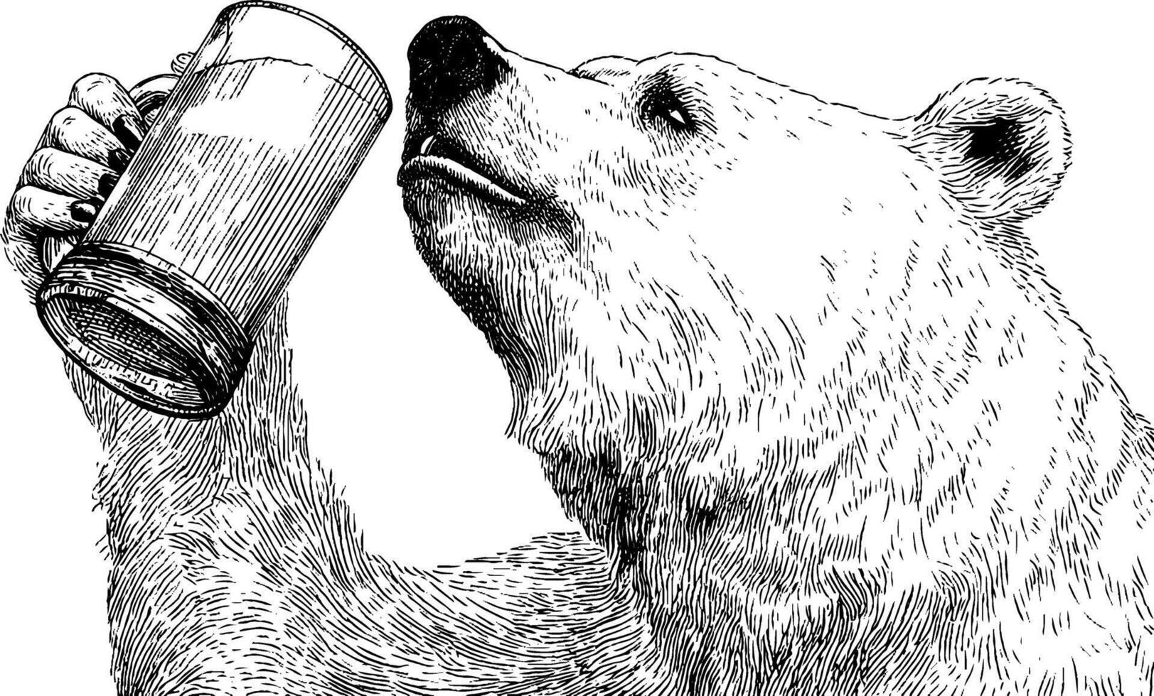 Engraved illustration of a bear toasting with a mug - animal art for design and decoration. vector