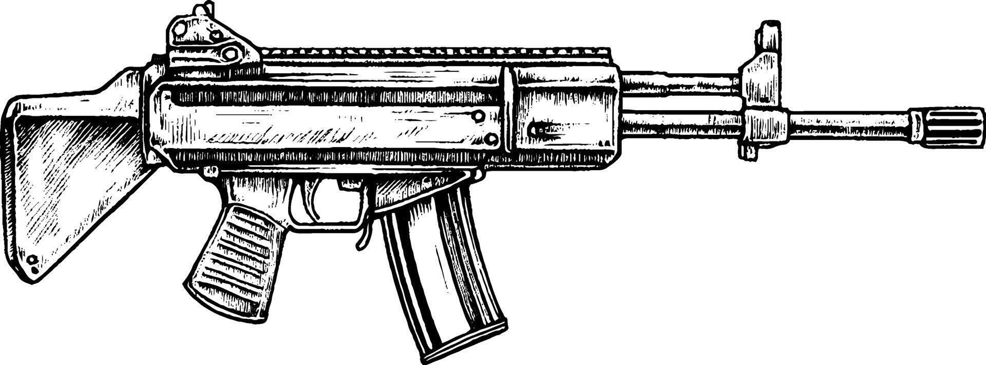 A detailed illustration of a military-style assault rifle, showcasing its features such as the stock, barrel, and magazine. vector