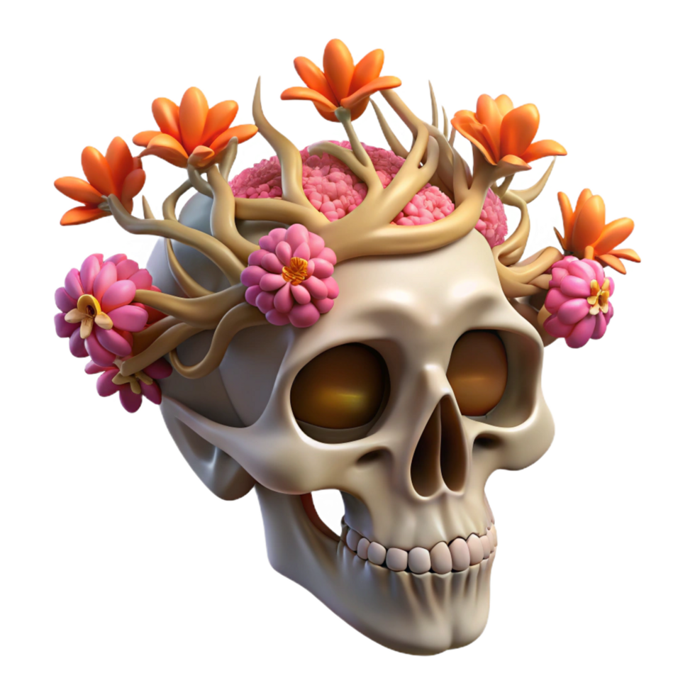 breathtaking celebrated Concept art style, isolated cutout of a single, floating, human skull crafted from interwoven tree roots and blooming with vibrant, exotic flowers with Transparent Background png