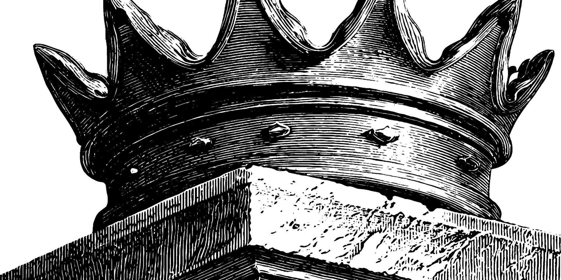 Ornate vintage crown on architectural column in black and white illustration. vector