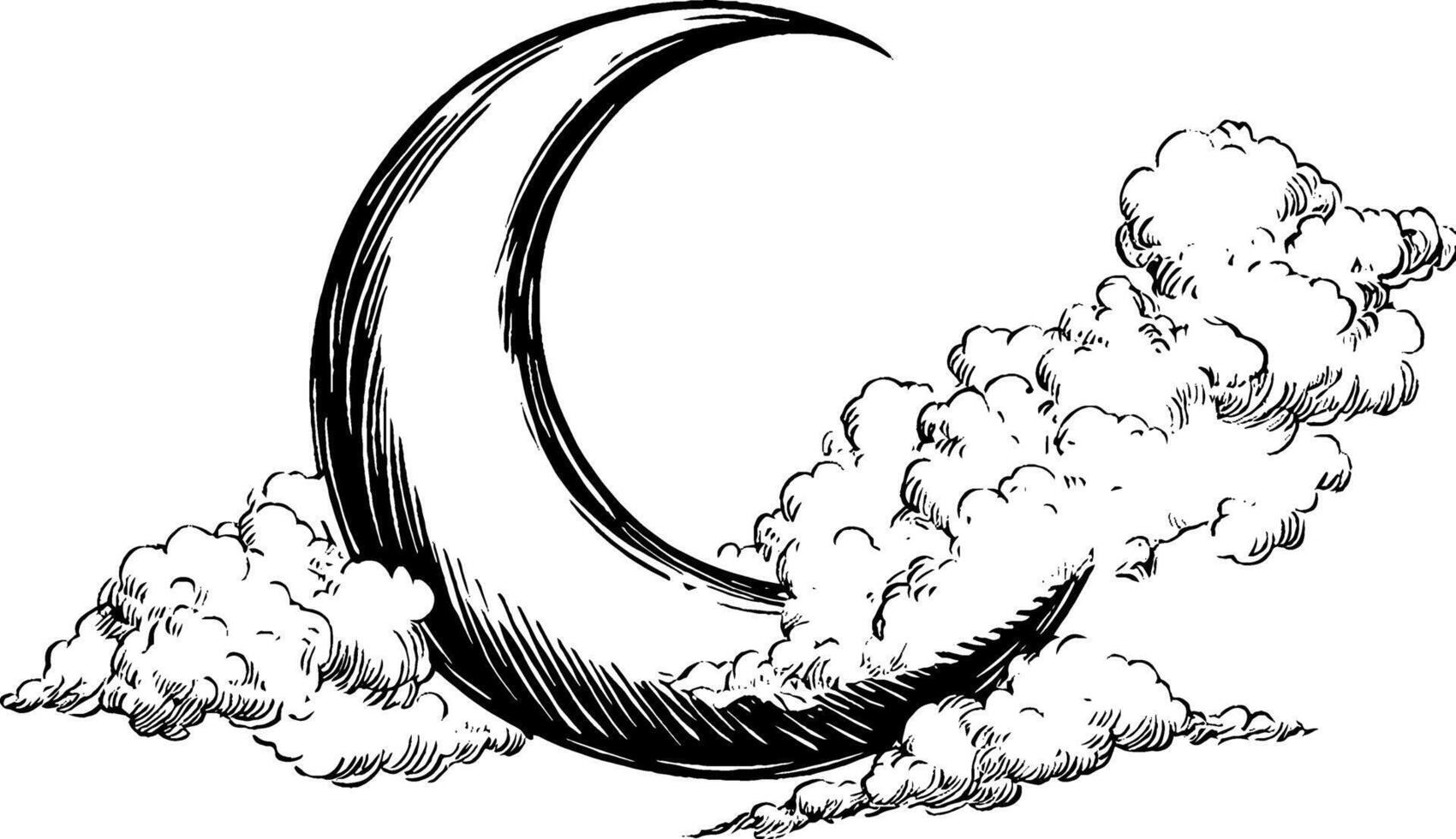 A stylized illustration of a crescent moon surrounded by fluffy clouds. The moon has a textured surface, and the clouds are depicted in a whimsical, sketch-like manner, creating a dreamy atmosphere. vector