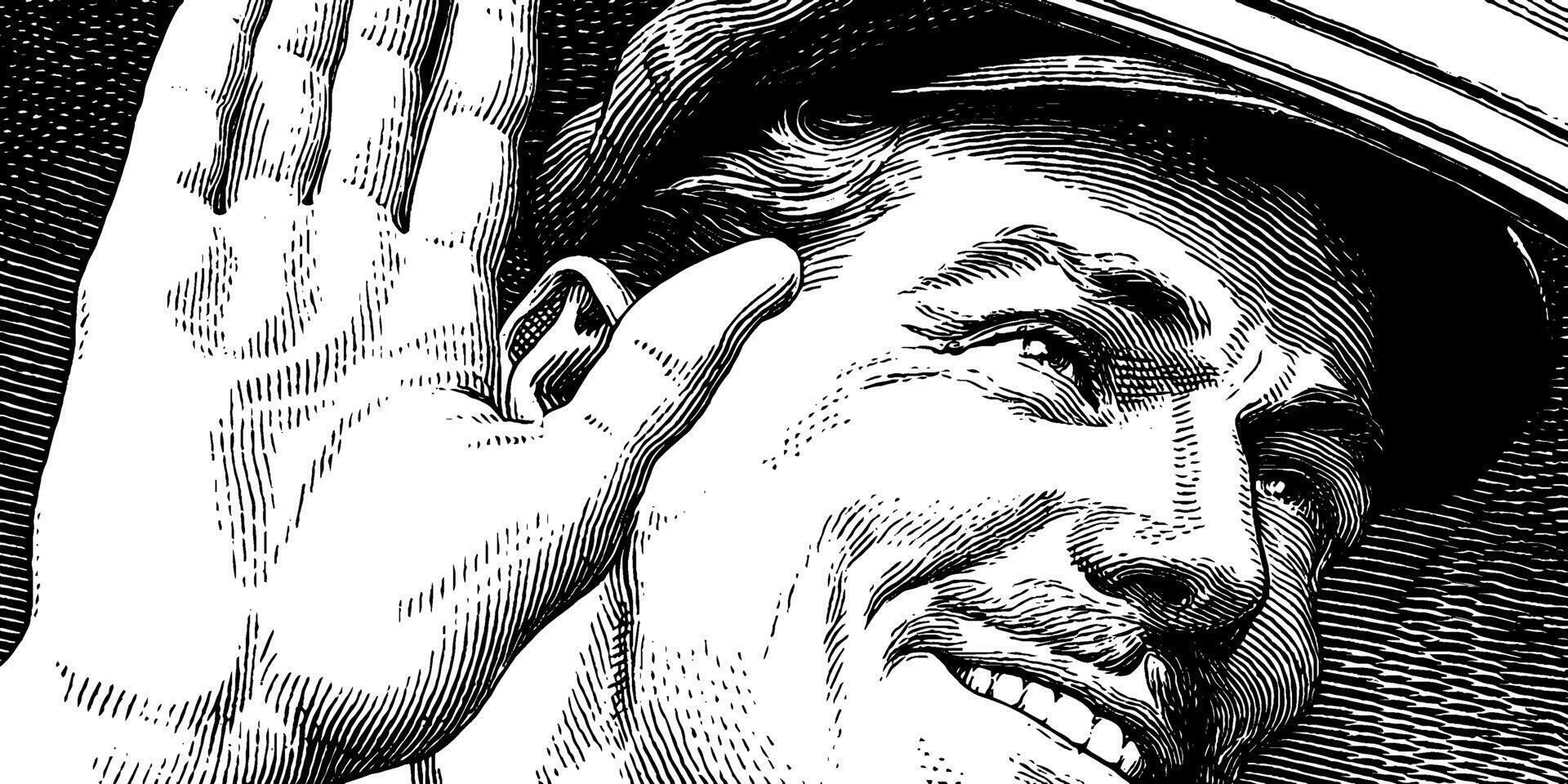 Vintage taxi driver waving enthusiastically in detailed engraved style for retro design. vector