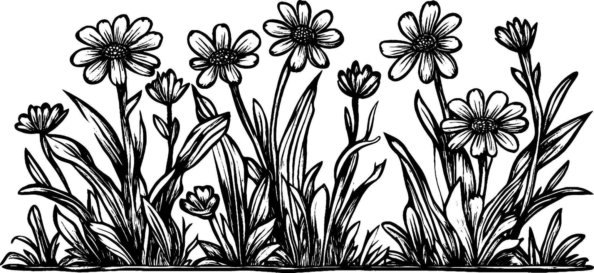 A detailed black and white illustration of various flowers and plants, showcasing a variety of shapes and sizes. The design features tall grass and blooming flowers, creating a natural garden scene. vector