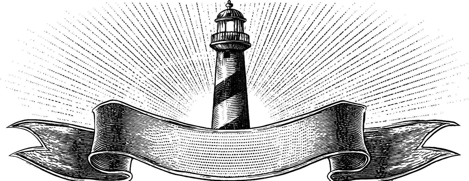 Engraved lighthouse with radiant light and vintage ribbon design for nautical themes. vector