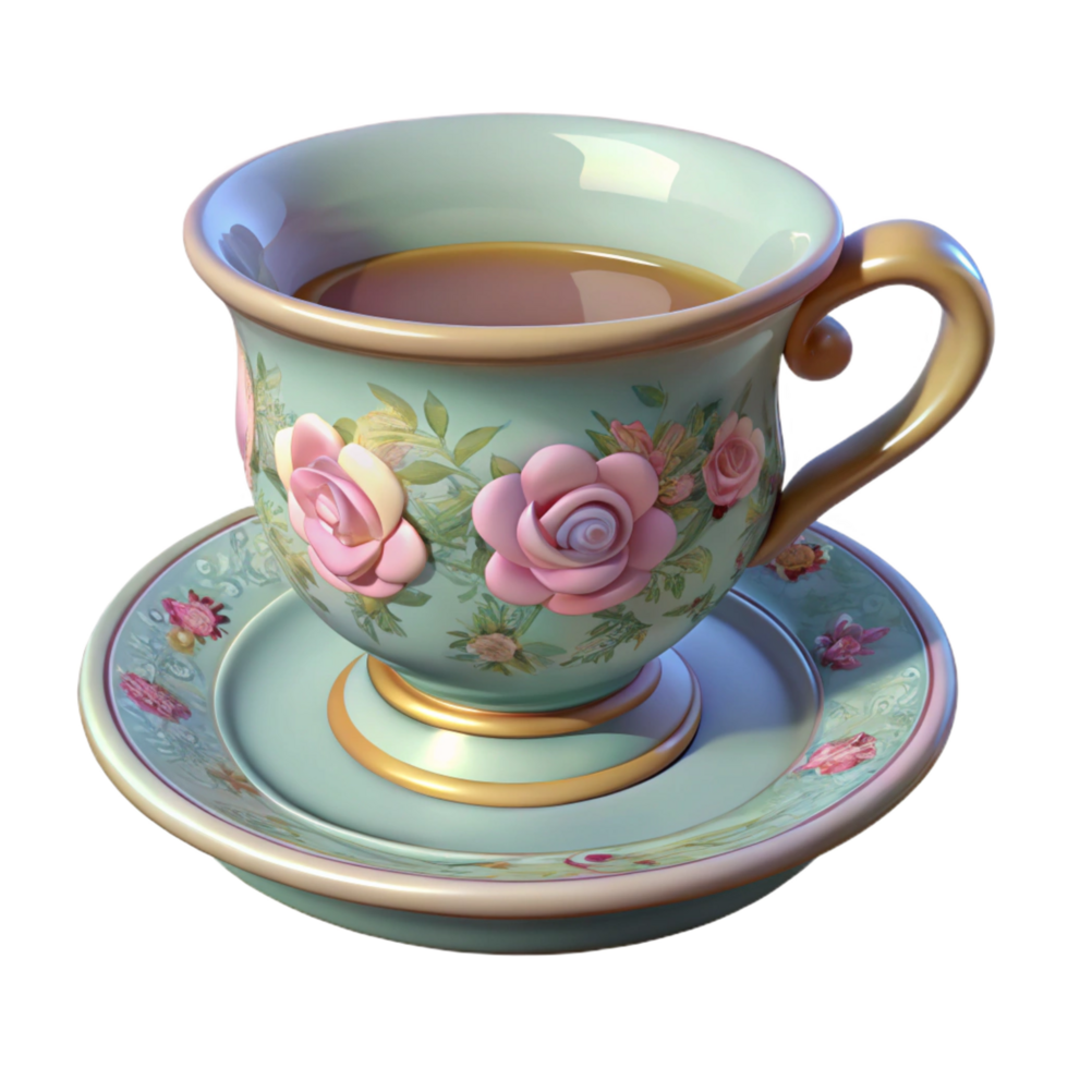 remarkable abstract Ultra-detailed, professional render of a vintage teacup with a floral pattern with Transparent Background fine detail png