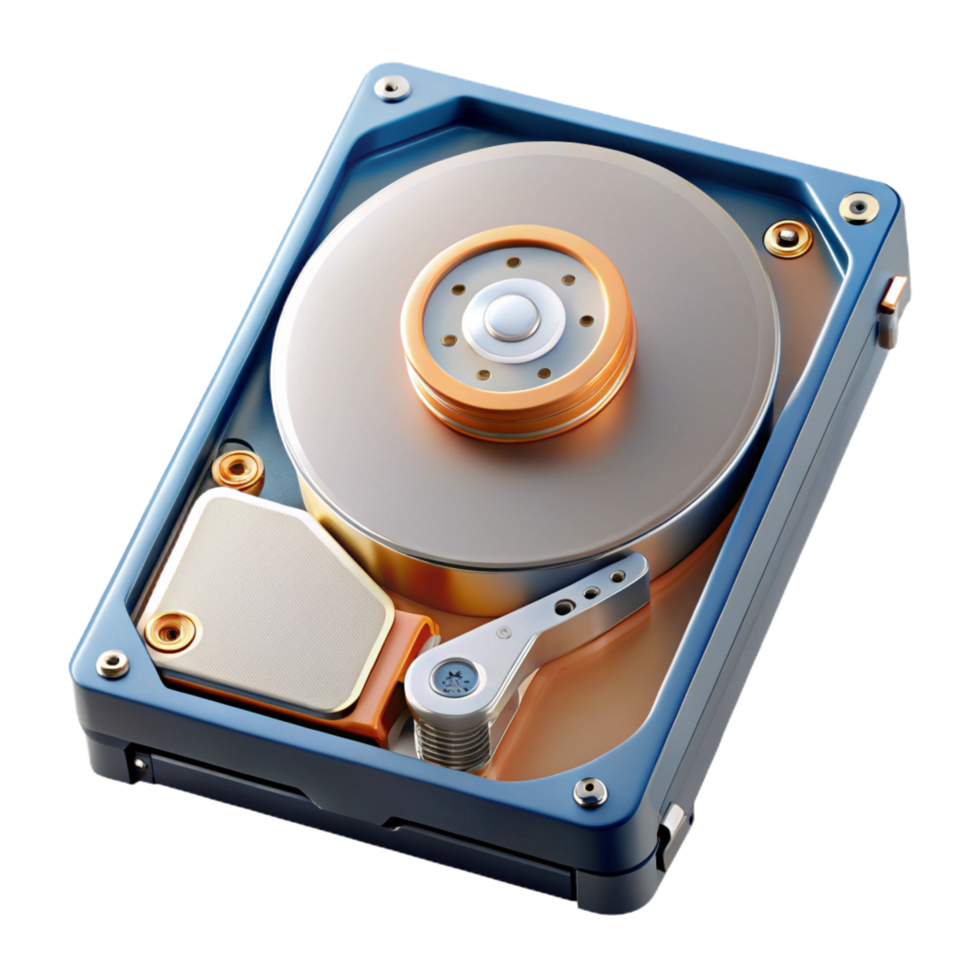 dazzling organic Hyper-specific, ultra-detailed, professional render of a single, disassembled hard drive, isolated cutout with Transparent Background flawless png