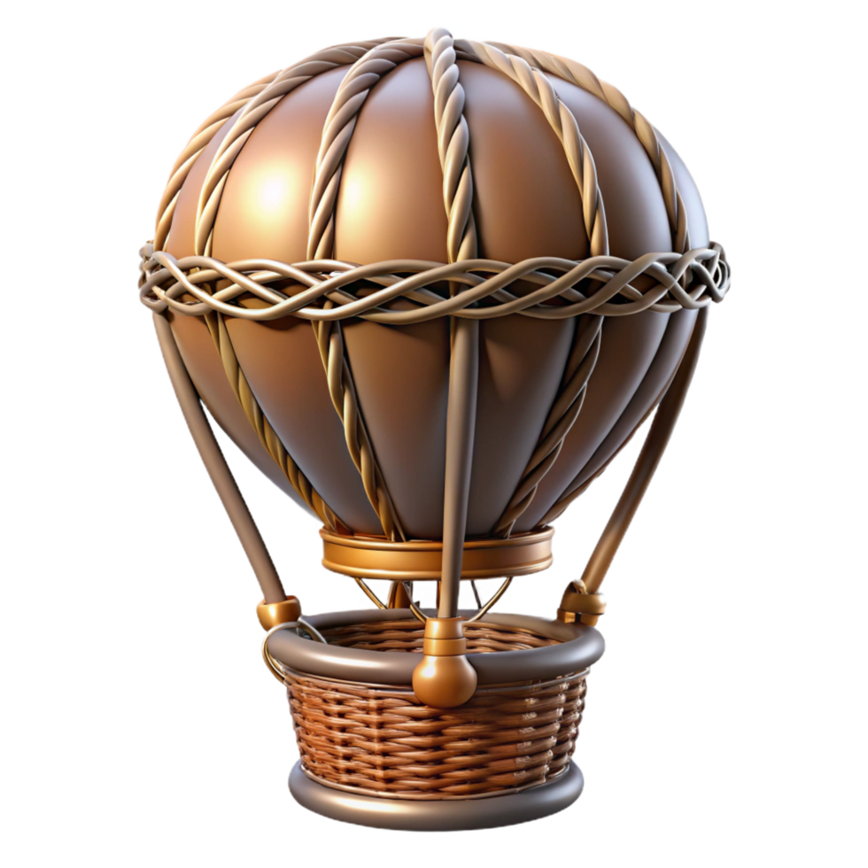 reflective immaculate Ultra-detailed, photorealistic rendering of a steampunk hot air balloon basket with woven wicker and metallic bracing Isolated cutout with Transparent Background expertly shot png
