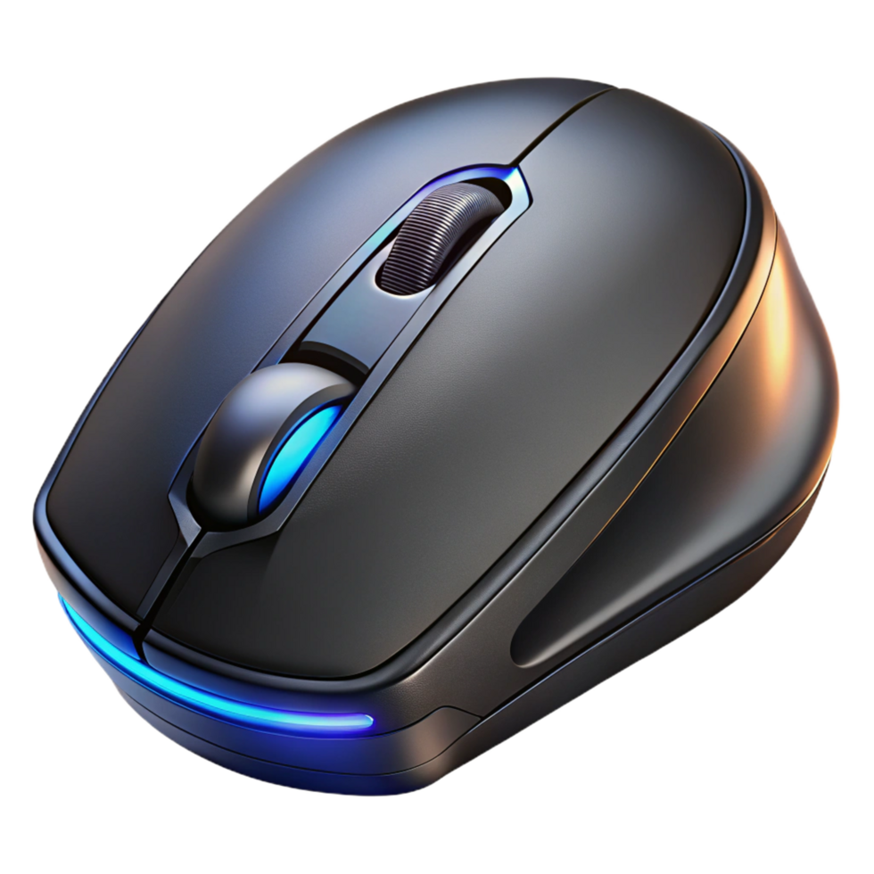intense dazzling Photorealistic, ultra-detailed, isolated cutout of a single matte black gaming mouse with RGB lighting, hyper-specific scroll wheel texture with Transparent Background premium png