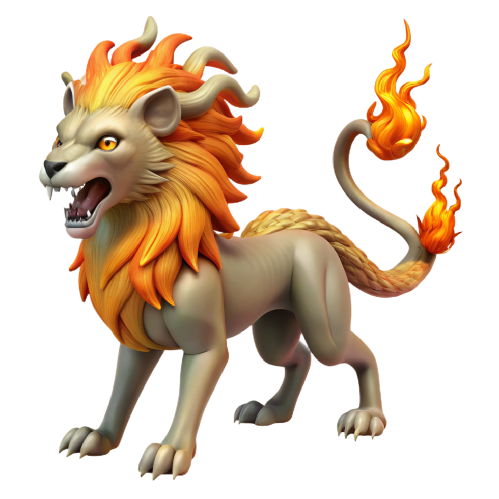 exemplary tropical Chimera, fire-breathing hybrid creature, lion, goat, and serpent parts, with Transparent Background genuine png