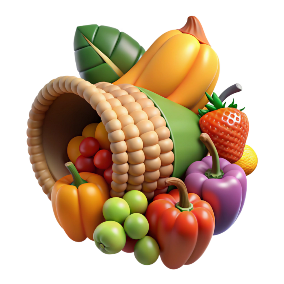 magnificent victorian Cornucopia, horn of plenty, overflowing with fruits and vegetables, with Transparent Background high resolution png