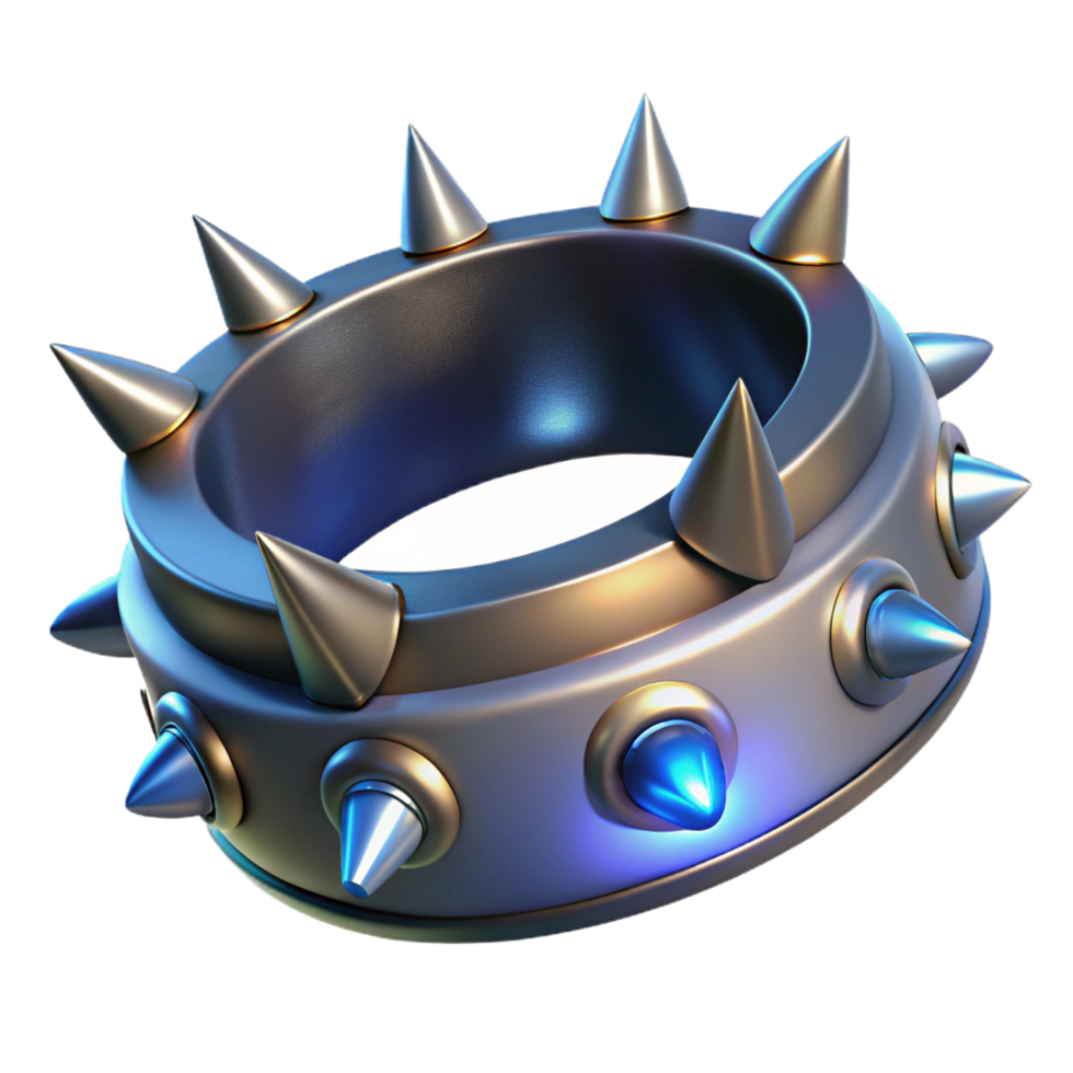 impressive acclaimed Hyper-specific, isolated cutout, concept art style of a futuristic, spiked, metal collar with integrated LED lights with Transparent Background png