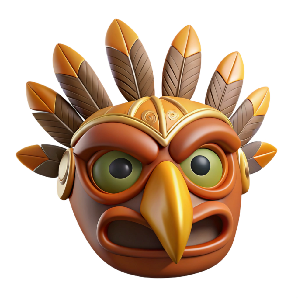 elegant reflective art deco Photorealistic ultra-detailed isolated cutout of a tribal ceremonial mask with a bird beak and feather adornments with Transparent Background refined png