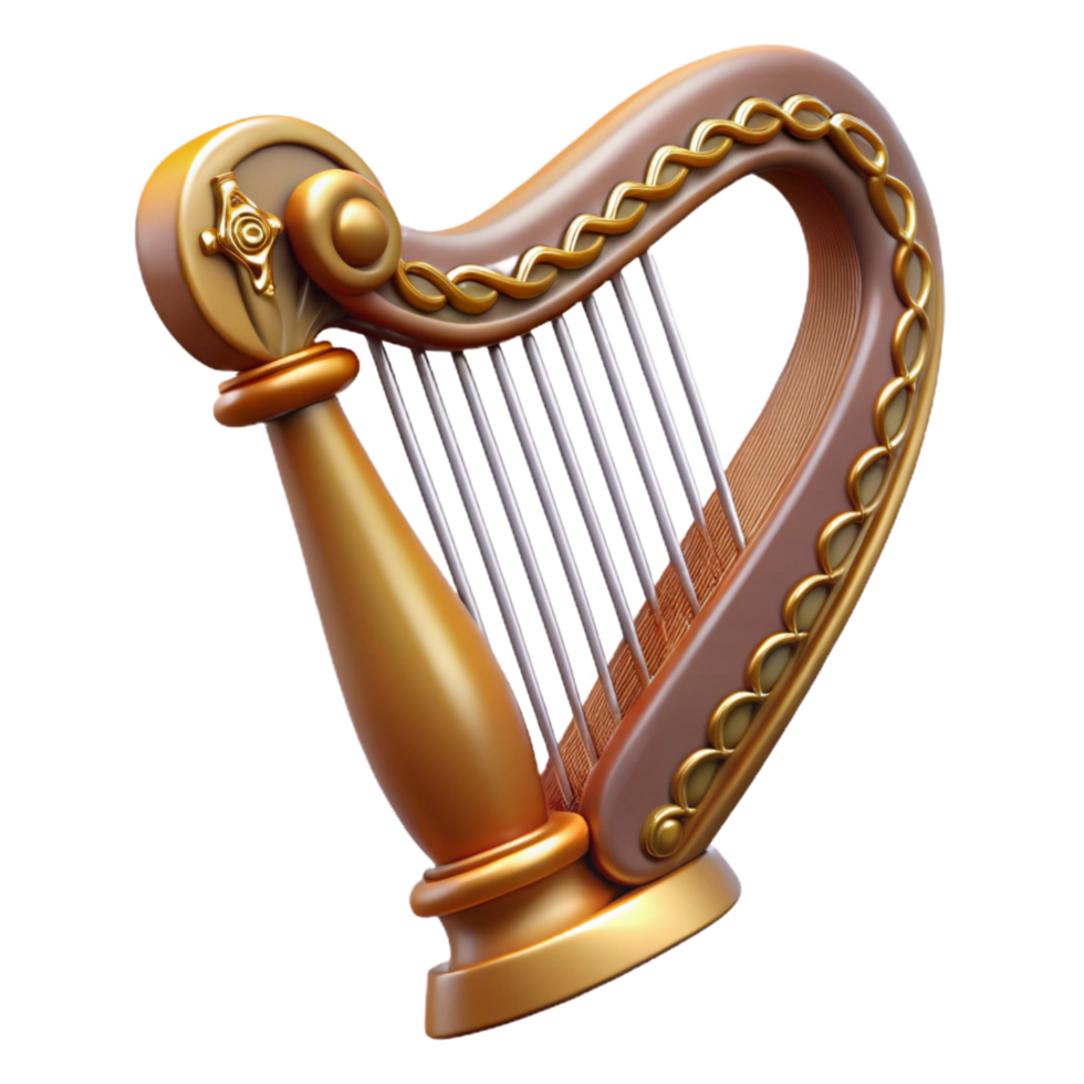 joyful majestic Concept art style, hyper-specific, photorealistic render of a single Celtic harp, ornate, isolated cutout with Transparent Background gallery standard png