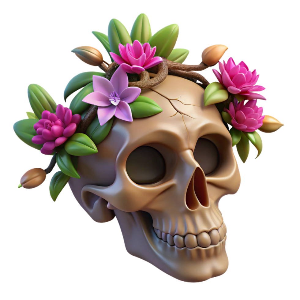 impressive exceptional Concept art style, isolated cutout of a single, floating, human skull crafted from interwoven tree roots and blooming with vibrant, exotic flowers with Transparent Background png