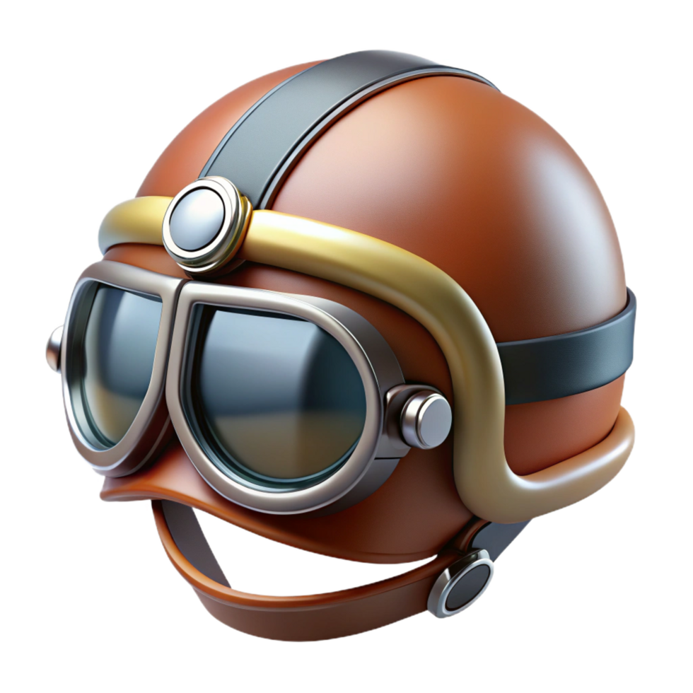 timeless industrial Hyper-specific concept art style illustration of a single, highly detailed, chrome and leather aviator helmet with built-in goggles with Transparent Background exclusive png