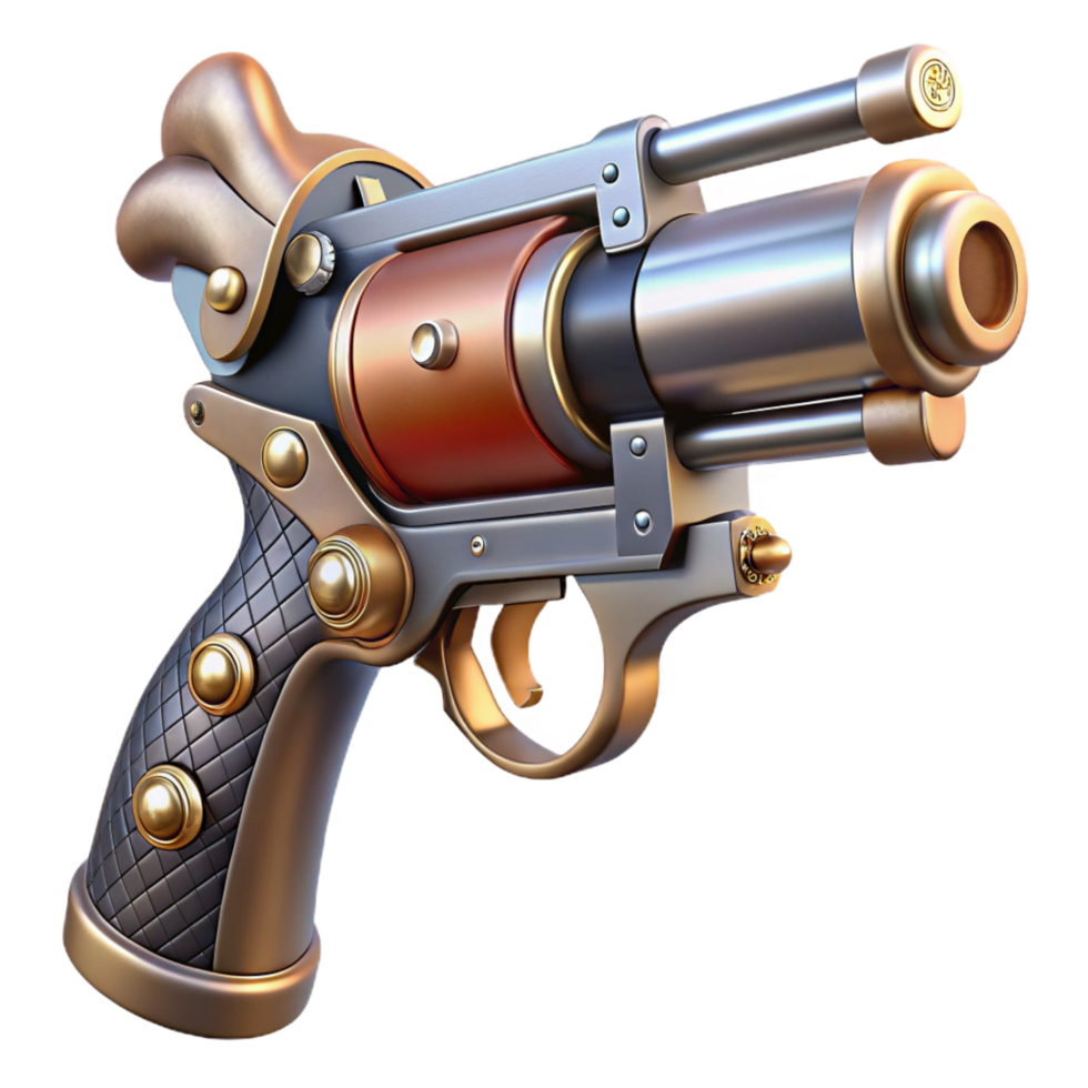 stunning whimsical elegant Steampunk pistol with a revolving cylinder and pearl grips with Transparent Background professional png