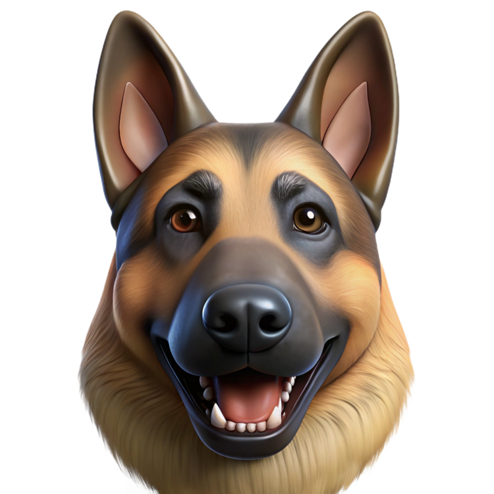 distinctive rustic Professional render, ultra-detailed, hyper-specific image of a single German Shepherd dog head, alert expression, isolated cutout, with Transparent Background studio quality png