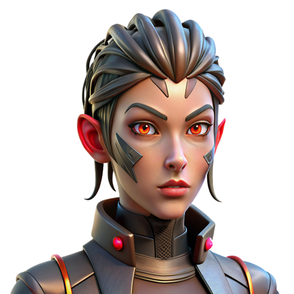 standout classic Cyberpunk female cyborg portrait with glowing red eyes and intricate face tattoos with Transparent Background sharp png