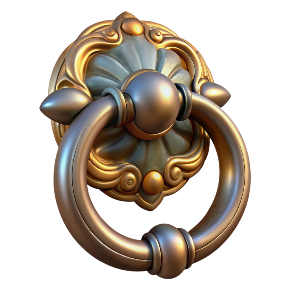 dramatic serene Professional render of a hyper-specific, isolated, baroque style door knocker with Transparent Background masterfully captured png