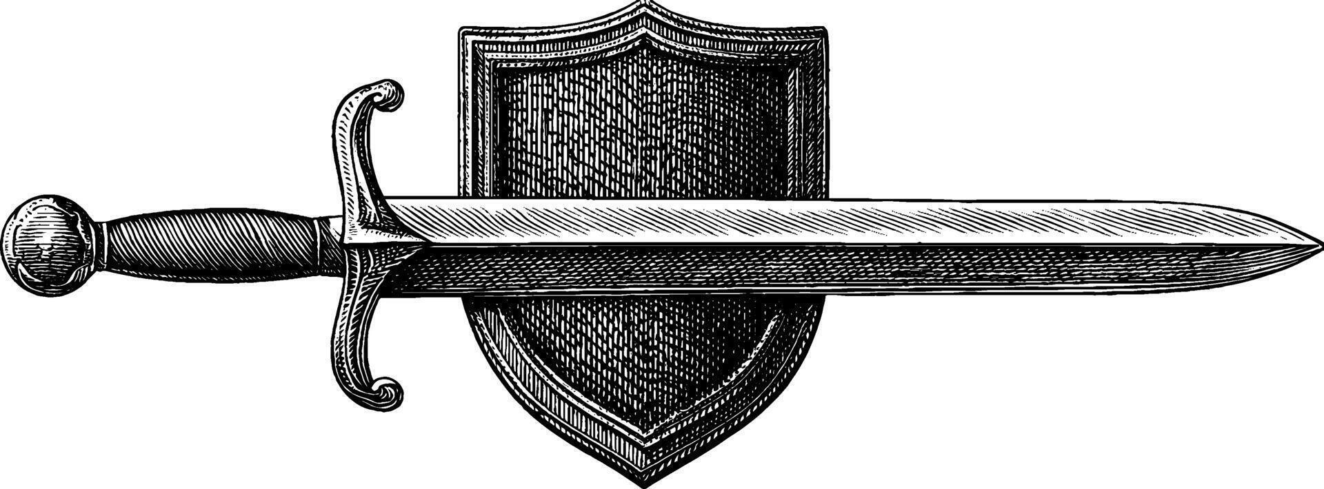 Engraved medieval sword and shield illustration for historical design. vector