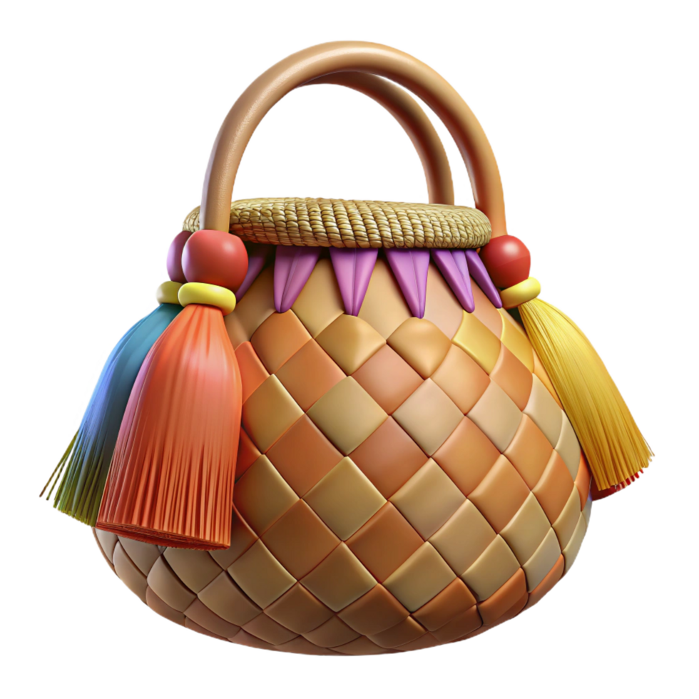 stunning standout Hyper-specific professional render of a tribal woven bag decorated with colorful tassels with Transparent Background png