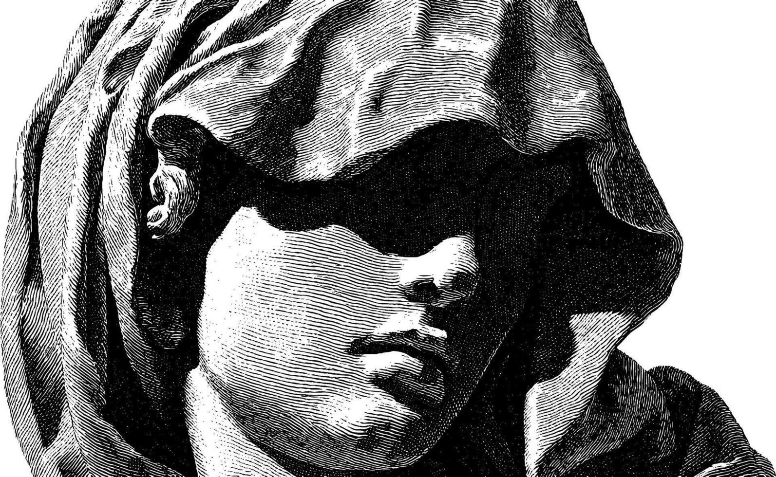 Engraved portrait of a woman in shadow with hooded cloak. classical art and expression. vector