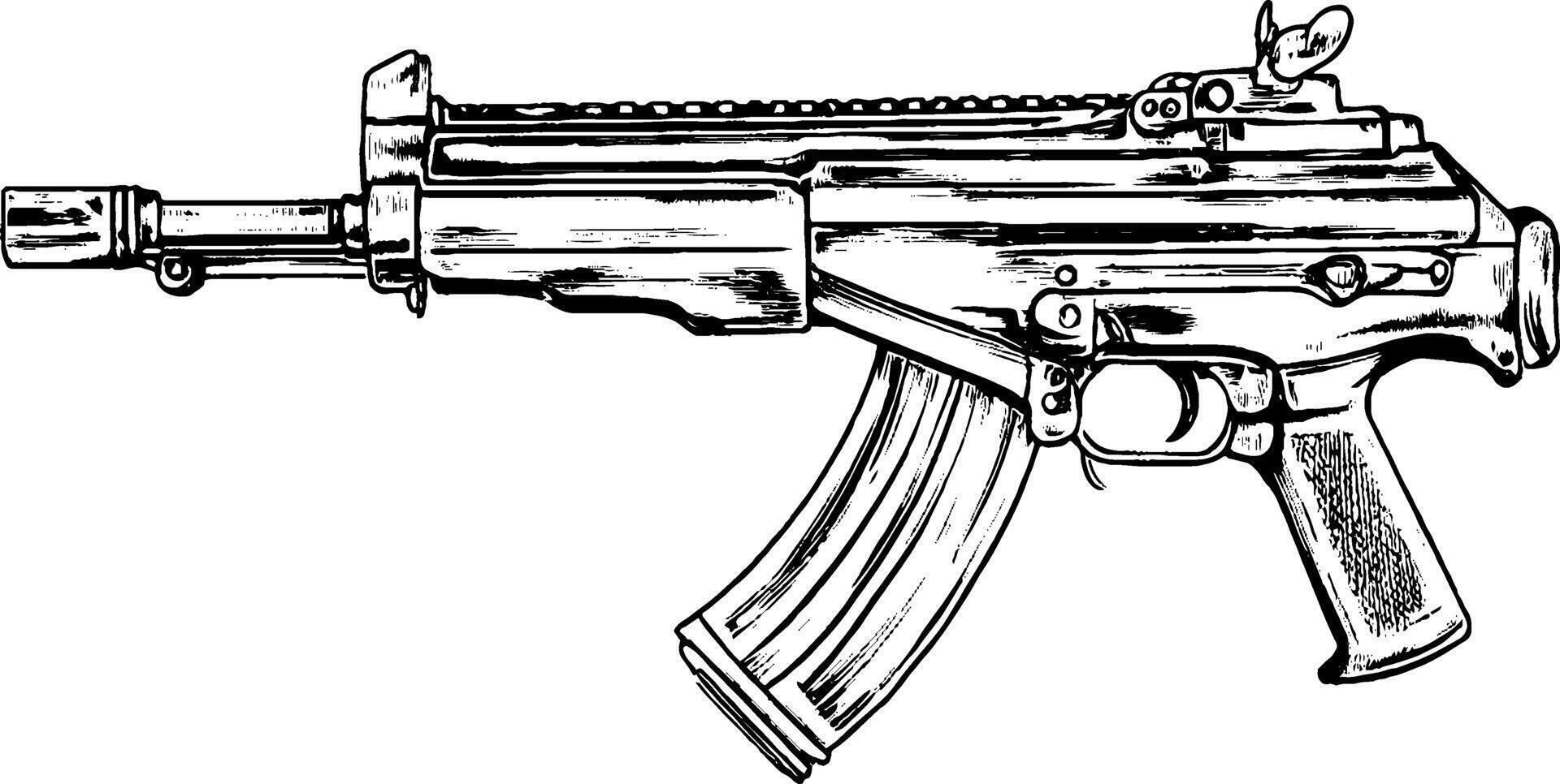 An illustration of a detailed assault rifle with a curved magazine, tactical sights, and a suppressor. The design showcases various mechanical components and textures. vector