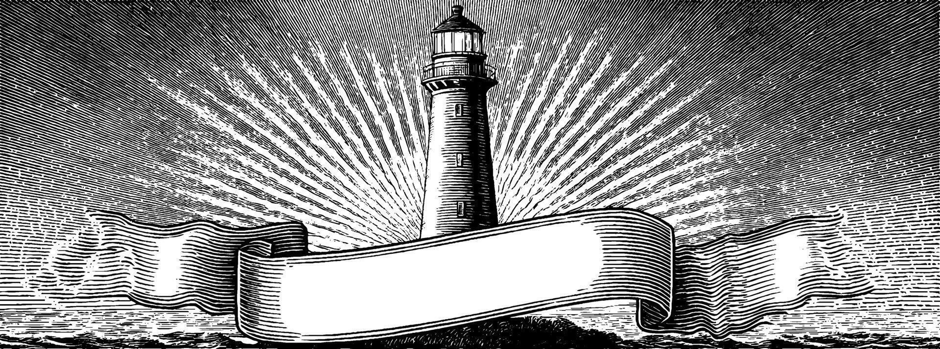 Engraved lighthouse illustration with radiating light and blank banner design. vector
