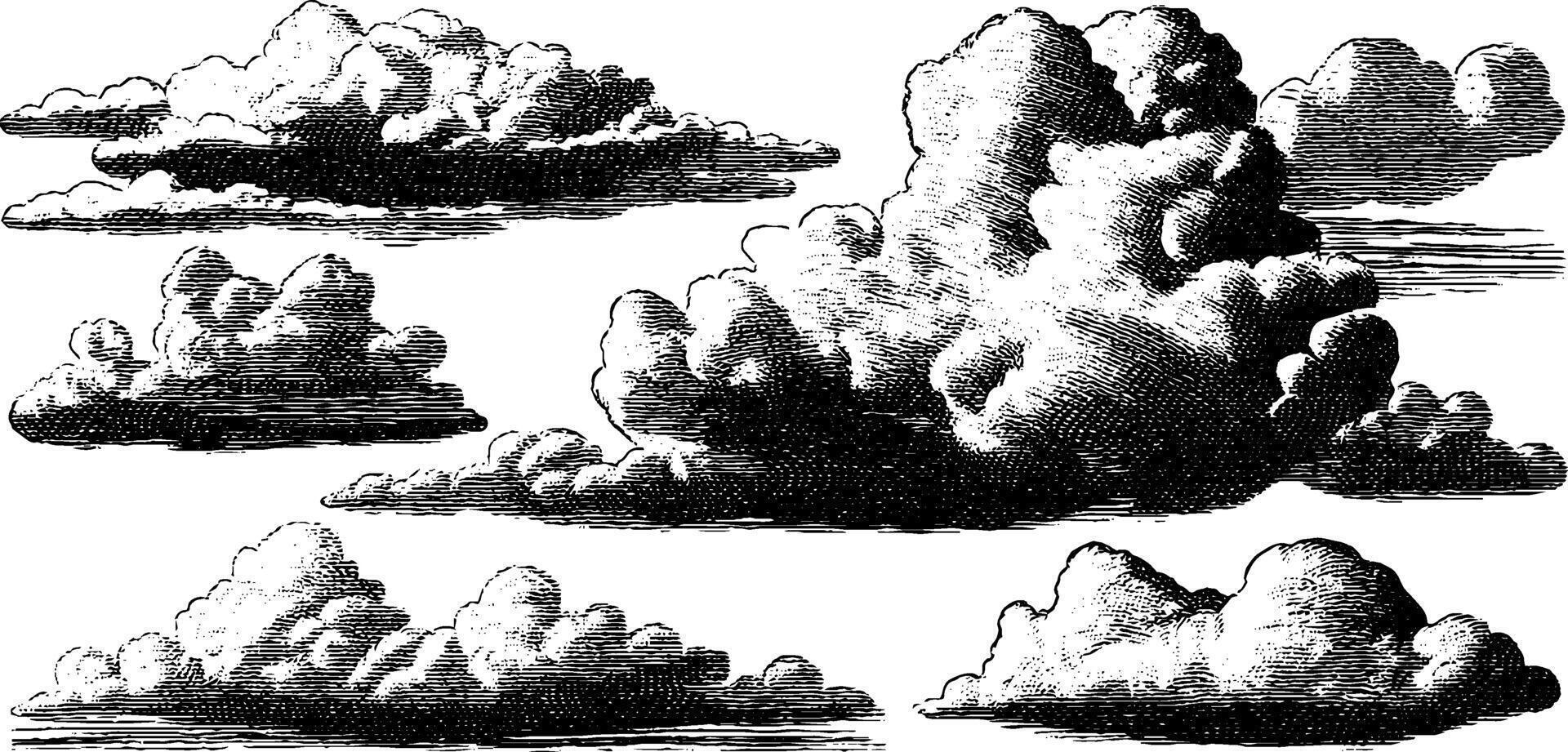 Retro 1950s woodcut style clouds illustration set in black and white. vector