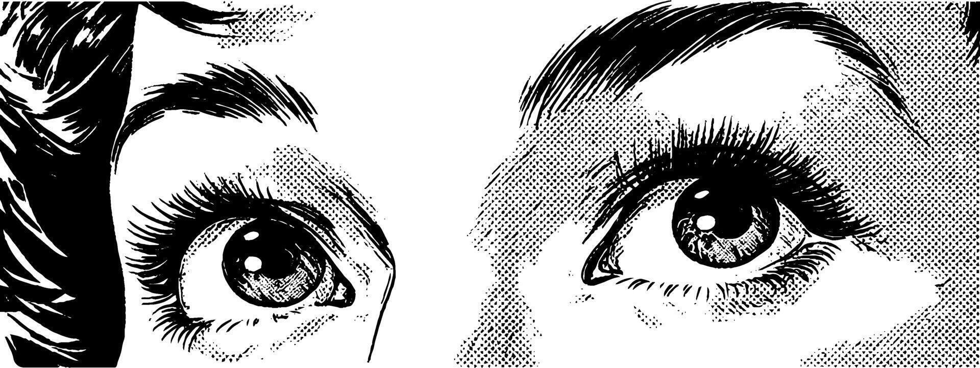 Vintage 1950s woodcut style black and white illustration of eyes for retro design. vector
