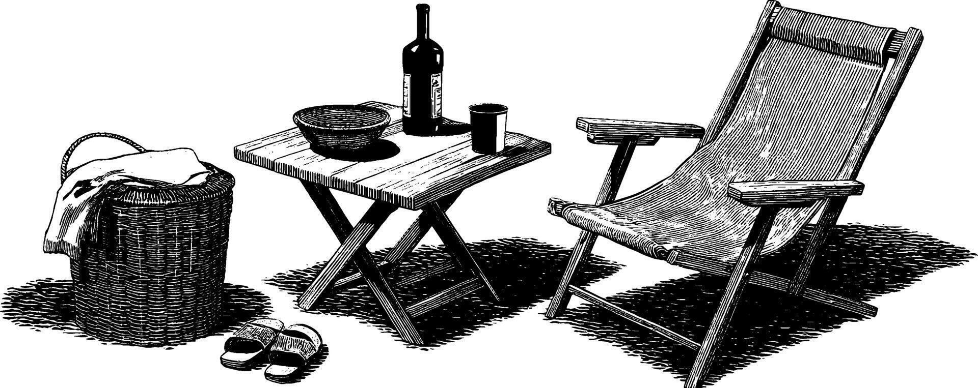 1950s picnic table scene in woodcut style black and white illustration for retro design. vector